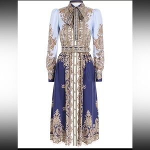 Zimmermann Blue and Cream A-line Dress with Bishop Sleeves